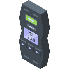 Isometric illustration of a dark grey digital device with a green illuminated screen and a blue digital display showing 20.9 against a transparent background, representing technology and measurement