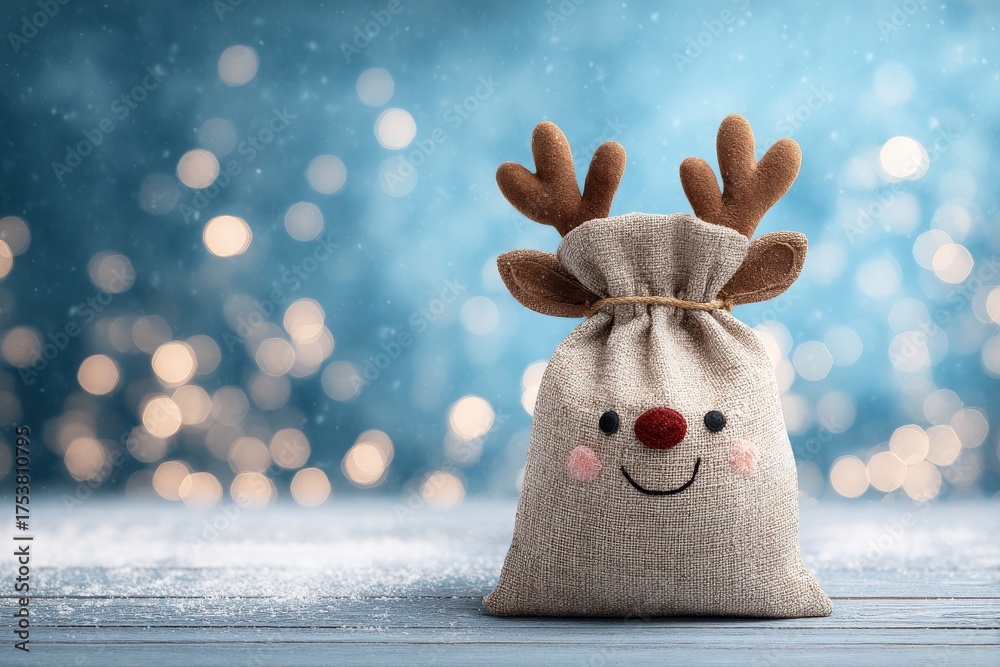A cute bag designed like a reindeer sits on a wooden surface, smiling with a red nose and antlers, surrounded by soft snow and sparkling blue bokeh lights, evoking a joyful holiday spirit.