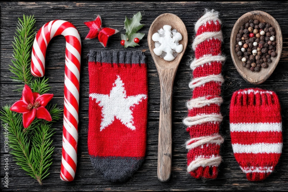 Bright holiday decorations and candy are skillfully arranged on a dark wooden surface. Included are candy canes, knitted stockings, and natural elements, creating a cheerful festive atmosphere.