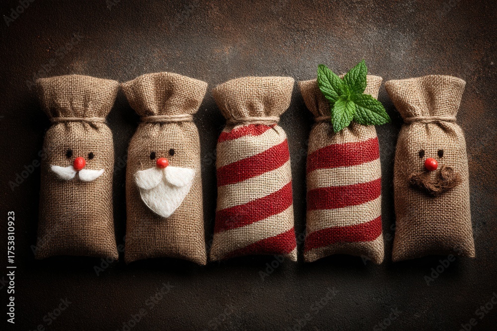 Five burlap sacks are lined up on a dark surface, featuring playful designs.