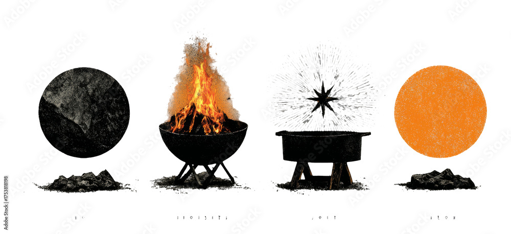 Four Stages of a Fire: Rock, Flame, Spark, and Ember with Black ...