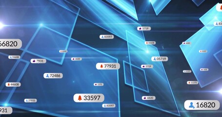 Wall Mural - Translucent blue panels floating in data space, with notification bubbles showing icons and numbers