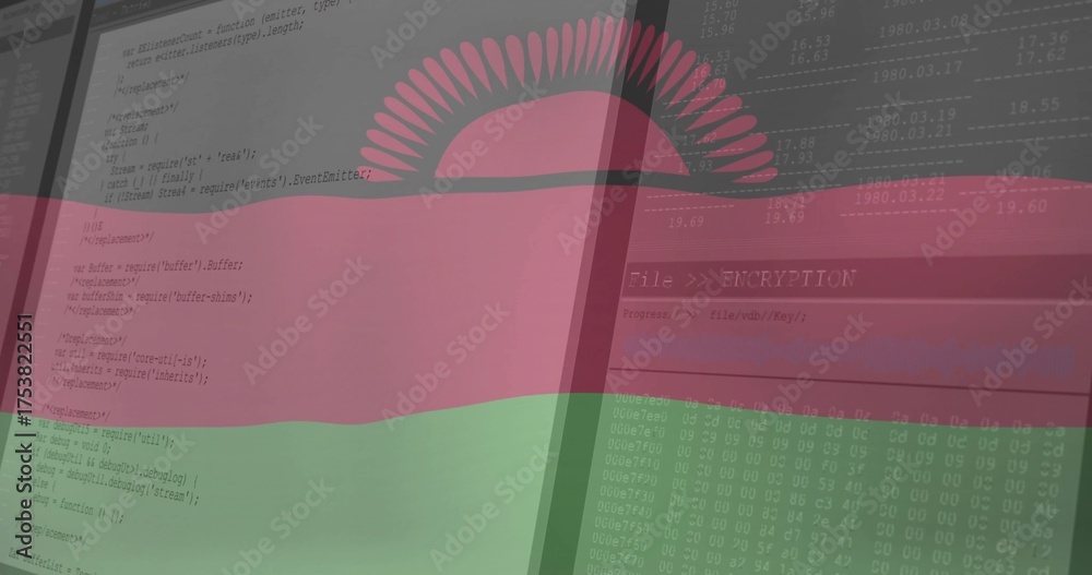 Displaying red-green striped flag overlaying office screen showing code ...