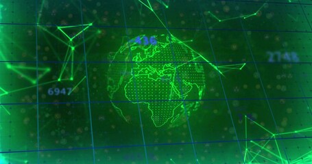 Wall Mural - Displaying green wireframe globe on virtual dashboard, with grid and network nodes and numbers