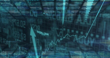 Wall Mural - Showing trading dashboard scrolling data, jagged graph, up arrow, ticker symbols and currency icons
