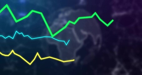 Wall Mural - Three jagged green, cyan and yellow line graphs running across dark world map silhouette, dashboard