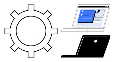 Wall Mural - Gear beside laptops with a webpage highlight collaboration, tech infrastructure, and productivity. Ideal for tech, system optimization, innovation, teamwork, digital workspace, IT solutions simple