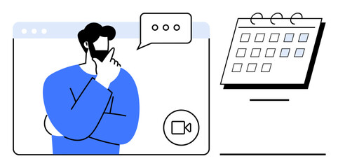 Wall Mural - Man in video call window thinking about scheduling or planning, with speech bubble and calendar. Ideal for remote work, time management, decision-making, communication, scheduling, planning, online