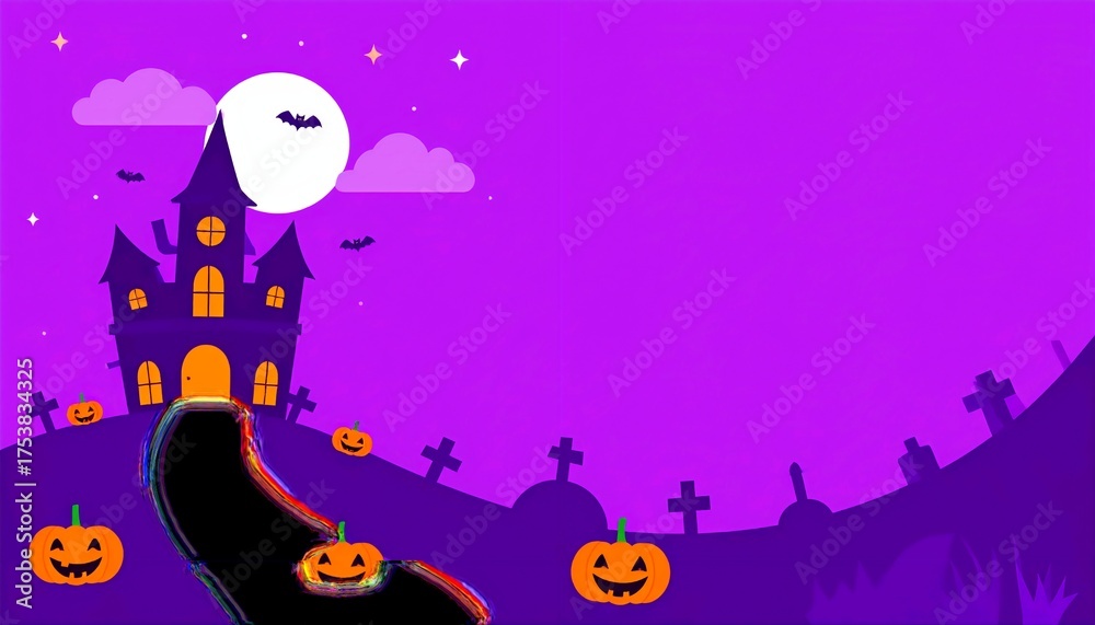 Cute cartoon Halloween night with haunted house pumpkins and bats under ...