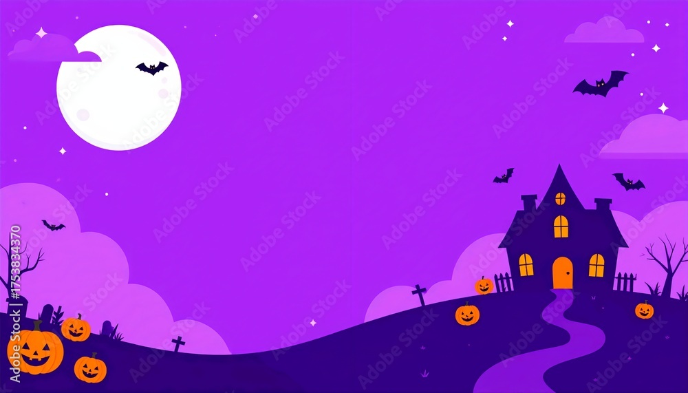 Cute cartoon Halloween night with haunted house pumpkins and bats under ...