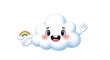 © Fick - A cheerful cartoon cloud character holding a miniature rainbow, smiling and waving.