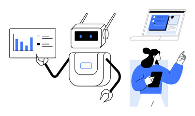 Robot analyzes and presents data on a chart, professional with a tablet collaborates, digital interface displayed. Ideal for AI, teamwork, education, data analysis, technology, innovation