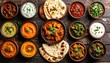 © Launrey - An Assortment Of Indian Food Dishes Including Curries Dips And Bread Served In Small Bowls On A Dark Wooden Tabletop