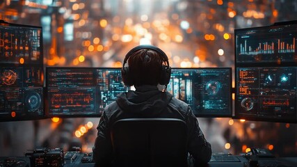 Wall Mural - Cybersecurity Expert Monitoring Data on Multiple Screens in a High-Tech Control Room with City Lights in the Background.