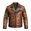 © Jarvis - Distressed brown leather jacket with metal studs and zippers.