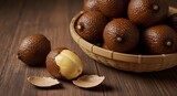 Salak Fruit (Snake Fruit) in a Woven Basket on Rustic Wooden Table