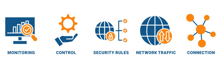 Firewall icon set vector concept with icon of monitoring, control, security rules, network traffic, connection 