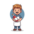 © Shah Putra - Cute Cartoon Boy Wearing Apron Holding a Red Sauce Bottle Smiling