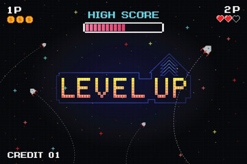 Wall Mural - LEVEL UP icon, pixel art. 8 bit game. Retro Futurism Sci-Fi Background. glowing neon grid. and stars from vintage arcade computer games