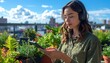 © Artcuboy - Woman tending a rooftop garden while listening to a mindfulness podcast on her smartphone with lush plants and blue sky leaving copy space for wellness and lifestyle visuals