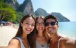 © ye - Multiracial friends make selfie in Phuket Thailand while travel. High quality