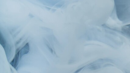 Wall Mural - Dye cloud. Steam flow. White blue pigment haze dissolve in water. Art abstract curl spill ink blend color on black blur background.
