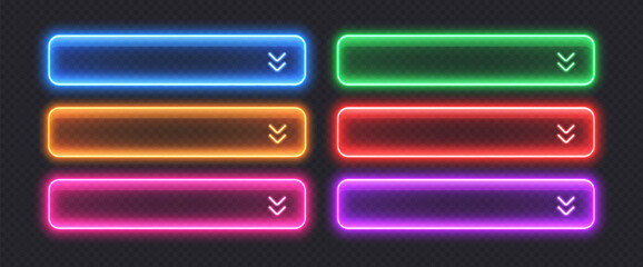 Neon dropdown buttons, glossy transparent banners made from glass. Modern design element. Vector illustration.