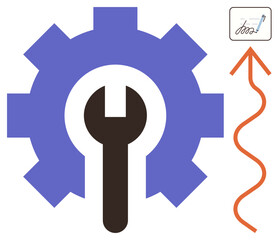 Wall Mural - Gear with wrench suggests tools or solutions, wavy arrow signifies upward growth or progress, and document icon represents paperwork or planning. Ideal for innovation, technology, repair, workflow