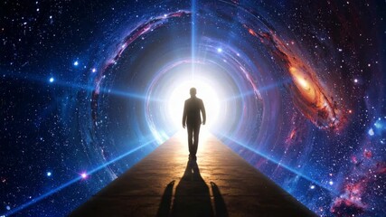Wall Mural - Silhouette of a person walking towards a bright light within a galaxy and universe themed background, concept of afterlife and future