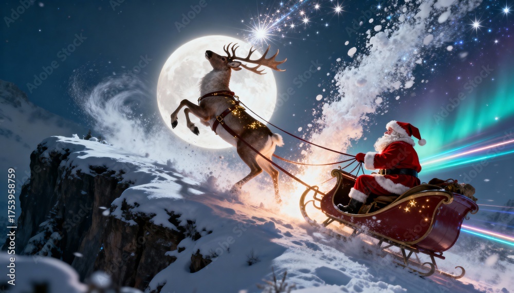 Santa claus riding his sleigh pulled by a reindeer during the night ...