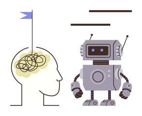 Wall Mural - Human profile with tangled brain lines paired with a robot. Ideal for AI, innovation, problem-solving, technology, collaboration, automation, education. Simple flat metaphor