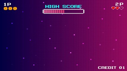 Wall Mural - LEVEL UP icon, pixel art. 8 bit game. Retro Futurism Sci-Fi Background. glowing neon grid. and stars from vintage arcade computer games