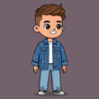 © bima - A cheerful cartoon boy with stylish hair is standing and smiling while wearing a denim jacket and jeans.