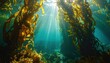 © Artcuboy - Underwater kelp forest cathedral with golden sun shafts piercing clear water marine habitat serenity with rich texture and generous copy space