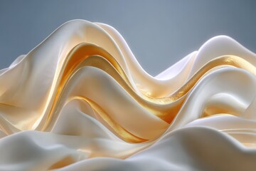 Wall Mural - An elegant and luxurious abstract background featuring flowing waves of smooth, white and gold fabric with subtle light reflecting textures and soft gradients.