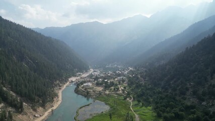 Wall Mural - Aerial View, Countryside of Afghanistan, Eastern Province Landscape, River and Village in Valley Under Green Hills