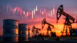 © artbot - Oil barrels and pumpjacks with financial chart at sunset