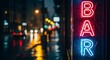 © Life Shyntax - Neon Bar Sign Illuminated on a Rainy City Street with Bokeh Lights and Blurred Background