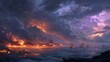 © Elmin - A sea of molten lava stretches to the horizon, where obsidian ships sail on fire-waves under storm clouds crackling with purple lightning.