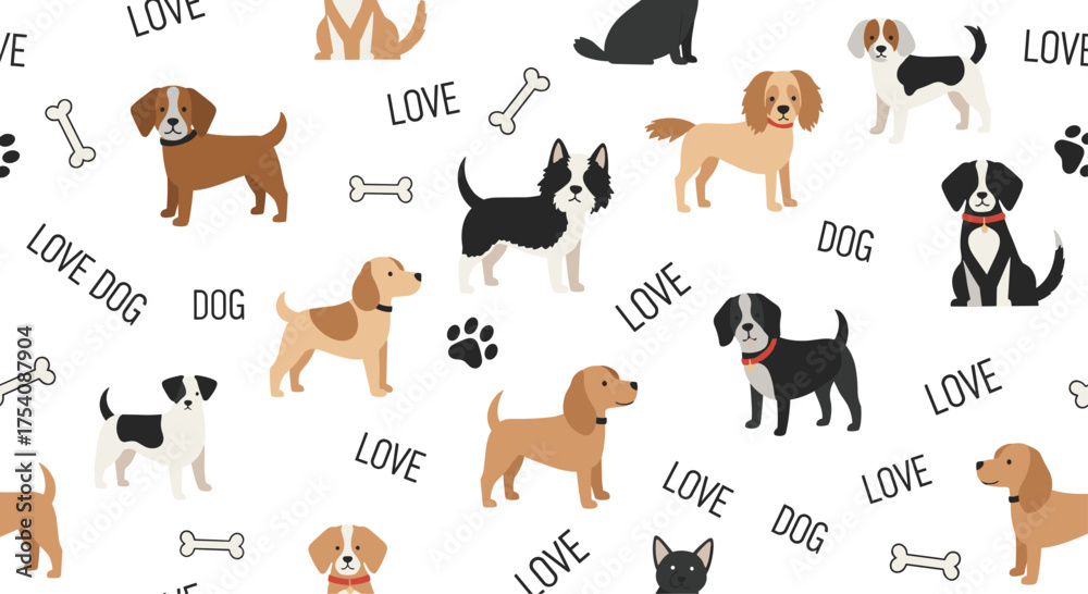 A delightful pattern featuring various dog breeds and playful paw ...