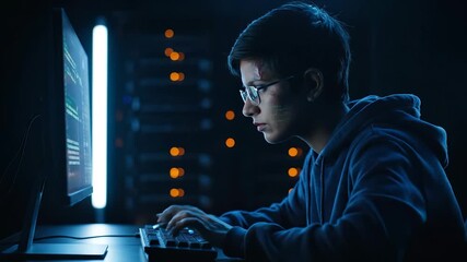 Typing code on computer screen. Focused coder types at keyboard and monitor. Programmer developer analyze code. Server led light blinks behind rack. Cybersecurity or hacker training. Calm focused.