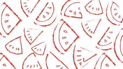 Wall Mural - Hand drawn red watermelon slices with seeds scattered on a white background creating a playful pattern
