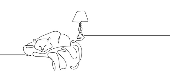 Wall Mural - Cat sleeping and lamp. Continuous hand drawn doodle line art vector. Editable stroke.