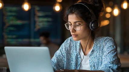 Concentrated Focus: A Woman Coding and Learning, wearing headphones, engrossed in the glow of her laptop screen, a study in modern focus and technology. 