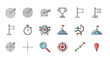 © Jeremy - Goal achievement icon set. Business success and strategy vector symbols. Target, objective, aim, mission concepts. Line icons of dartboard, trophy, flag, mountain peak.