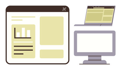 Wall Mural - Open browser window displaying bar charts, text elements. Includes laptop, desktop monitor for professional applications. Ideal for analytics, technology, websites, digital tools, work learning
