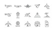 © Rose - Airplane line icon set for aviation and travel. Includes flight, airport, helicopter, air traffic control tower, runway, takeoff, landing, paper plane and transport symbols.