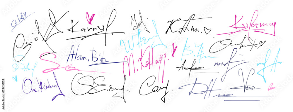 Collection of hand drawn fake signature samples with colorful ink for ...