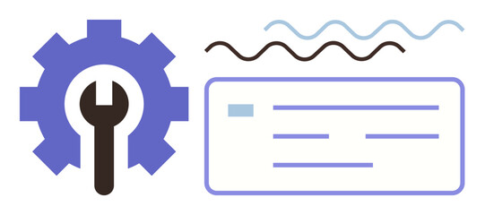 Wall Mural - Gear and wrench beside a digital interface with wave lines suggesting system configuration. Ideal for technology, maintenance, problem-solving, IT support, innovation, engineering, simple flat
