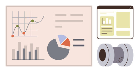 Graphs, pie and bar charts, web layout, and a futuristic cylindrical object represent analysis, reporting, online tools, data trends, innovation, strategy and tech integration in a simple flat